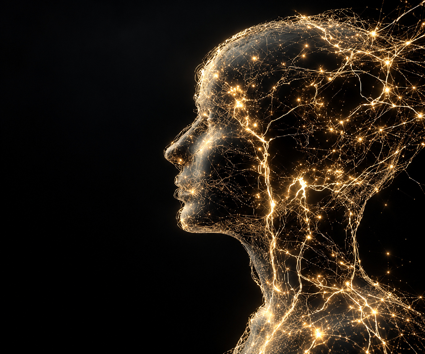 Human profile illuminated by golden neural networks against a black background, representing consciousness and the complexity of the mind.