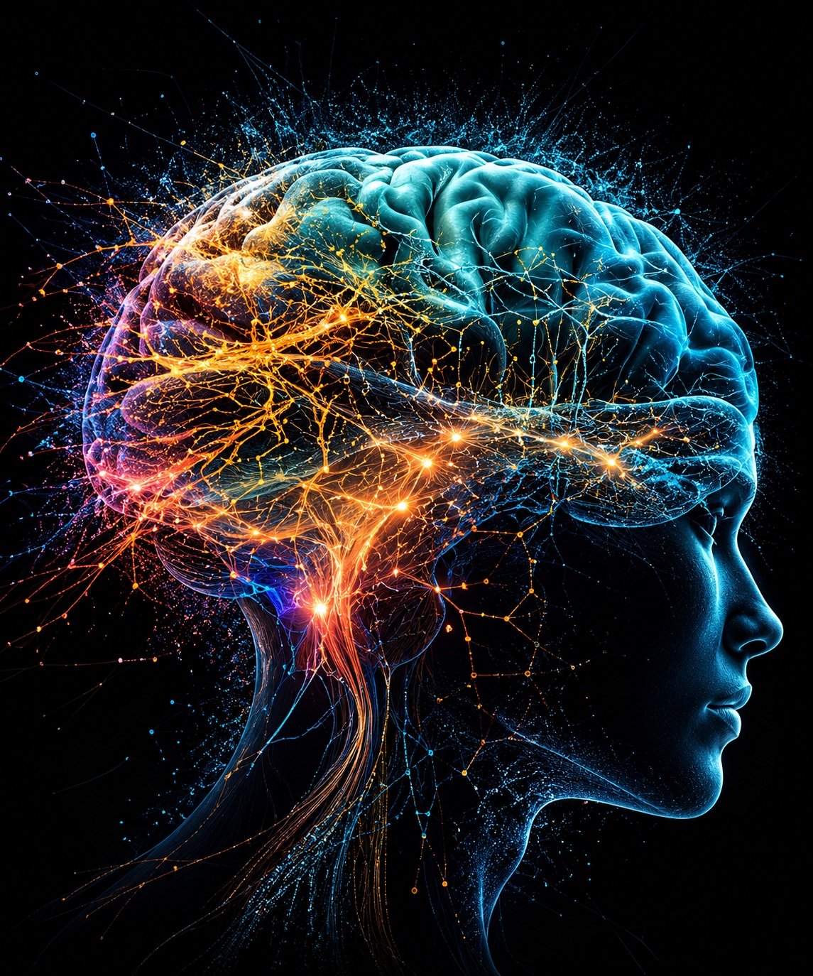 Human head in profile with a glowing blue brain and interconnected orange neural pathways, illustrating neuroplasticity.
